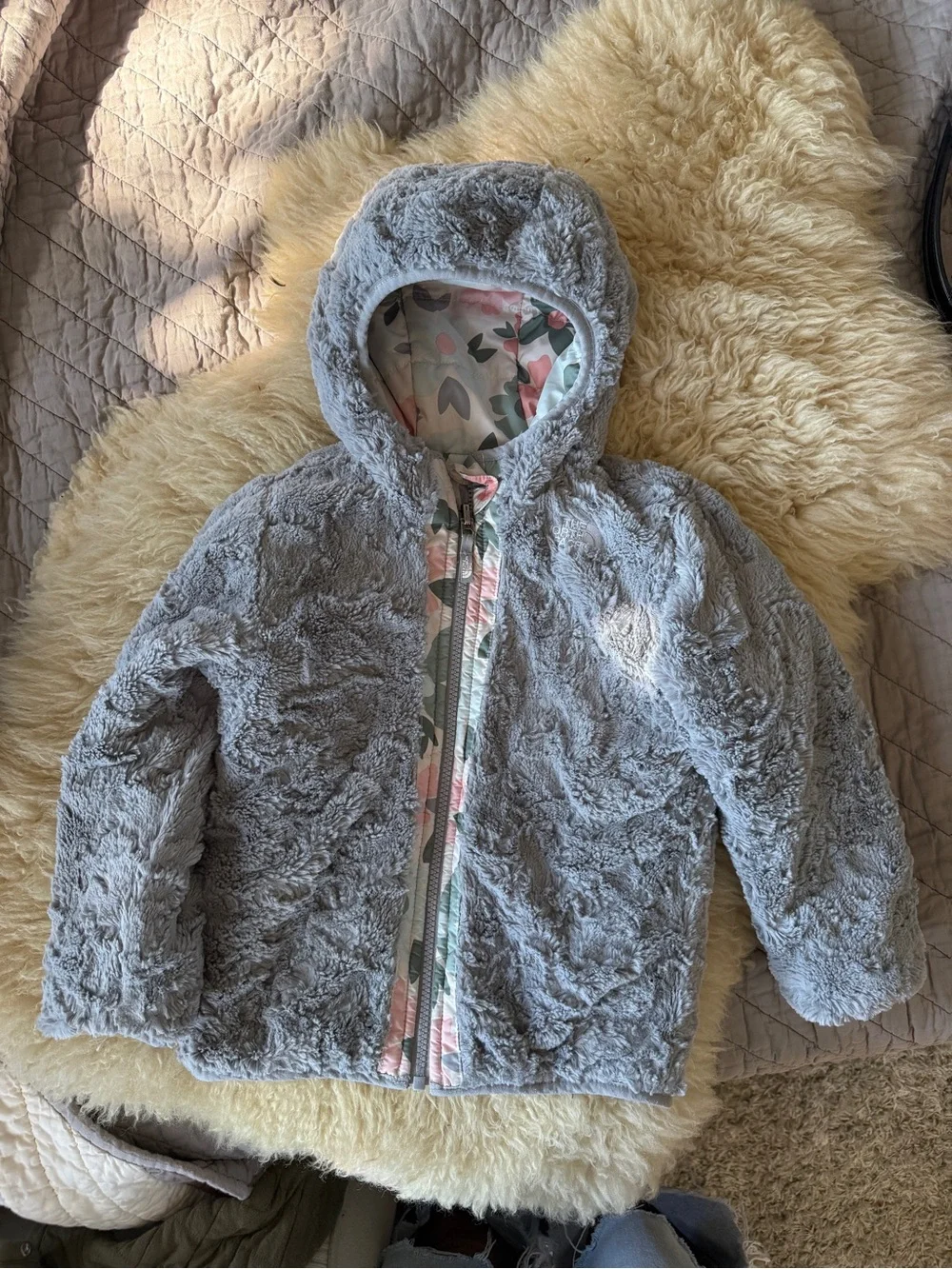 The North Face Little Girls Floral Reversible Puffer Jacket in Pink & Sage